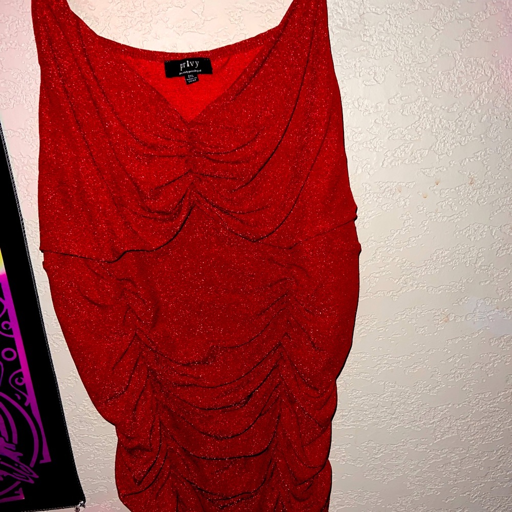 Ruched red dress, tinsel fabric